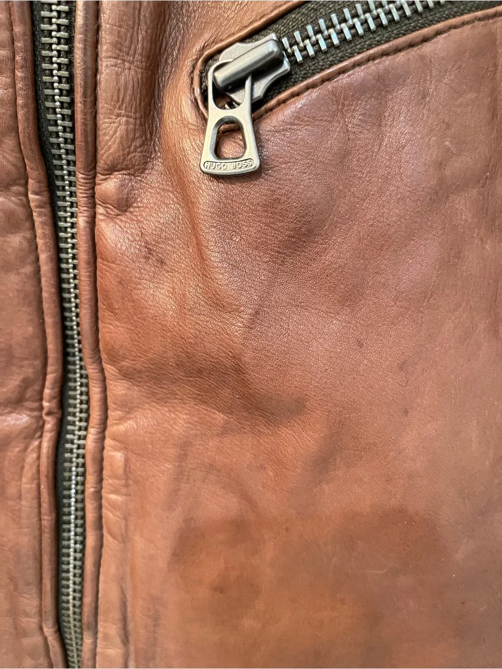Hugo Boss Orange Julino Brown Leather Moto Jacket Mens 38R M Cafe Racer Full Zip